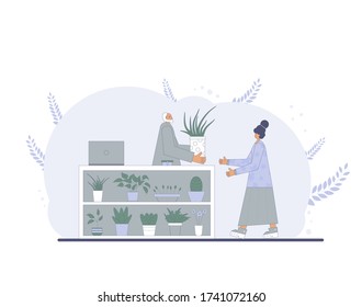 Indoor plants shop. Sale of potted house plants. Seller houseflowers with his client. Small business concept. Owner of flowers store giving a pot to a customer. Vector flat illustration.
