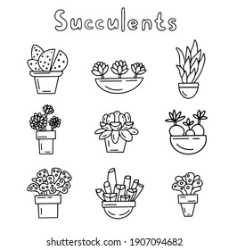 Las plantas interiores suculen el conjunto de ilustraciones vectoriales en blanco y negro.