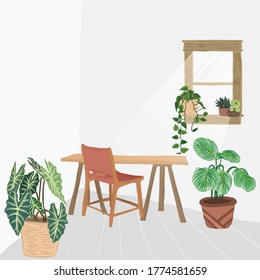 indoor plants vector Nordic style Working Room interior. Hand drawing style cozy interior with homeplants. Cartoon vector illustration.