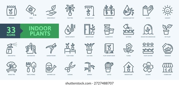 Innenpflanzen, Web-Icon-Sammlung, dünne Linien, Umrisssymbole. Das Set enthält Bilder von Zimmerpflanzen, Blumen, Wachsen, Gießen und Pflanzenpflege.