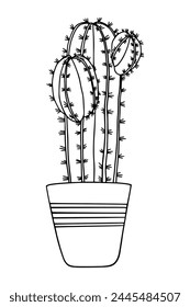  Indoor potted cactus plant drawing. Cute succulent for house garden. coloring page Vector outline illustration isolated. Doodle cacti Plant design element