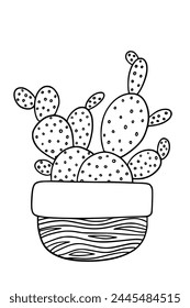  Indoor potted cactus plant drawing. Cute succulent for house garden. coloring page Vector outline illustration isolated. Doodle cacti Plant design element