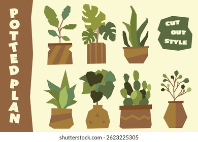 Indoor potted plant pot collection in cut-out vector illustration design element, perfect for decoration, eco projects, nursery prints, and stickers.