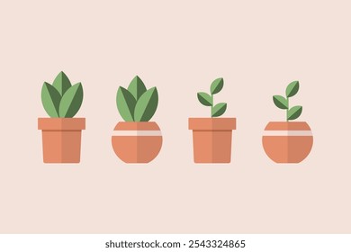 Indoor potted plant set for home or office interior decoration. House plant in pots. Simple and minimal flat vector illustration.