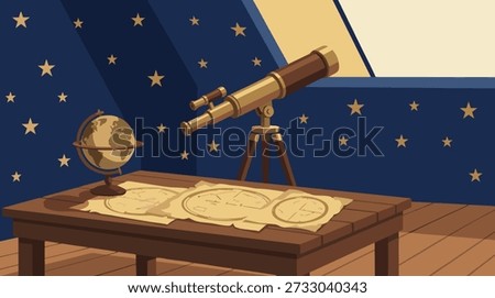 An indoor scene featuring a telescope on a tripod, a vintage globe, and old star maps laid out on a wooden table, against a backdrop of dark blue walls adorned with stars, suggesting an amateur astro.