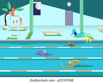 Indoor Scene With A Wolf Characters Swimming In A Pool At Night With A Moonlight Shining Trough The Window