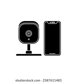 Indoor Security Camera with Smartphone in black fill icon. IP Cam, Portable CCTV simple vector illustration in trendy style. Editable graphic resources for many purposes.