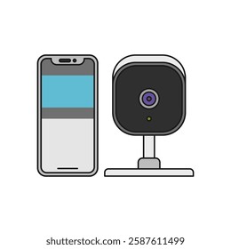 Indoor Security Camera with Smartphone in color fill icon. IP Cam, Portable CCTV simple vector illustration in trendy style. Editable graphic resources for many purposes.