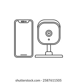 Indoor Security Camera with Smartphone in outline icon. IP Cam, Portable CCTV simple vector illustration in trendy style. Editable graphic resources for many purposes.