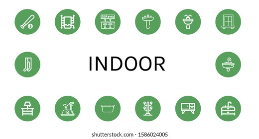 indoor simple icons set. Contains such icons as Baseball ball, Heated towel rail, Bar counter, Washbasin, Sink, Window, Night stand, Stationary bike, can be used for web, mobile and logo