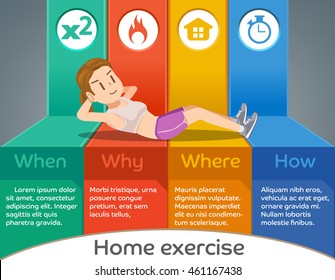 Indoor sit-up exercise info-graphic style. Basic guide practice. Woman lose weight and diet by herself. Training schedule.
