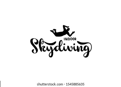 Indoor skydiving hand drawn lettering logo, emblem with flying silhouette of man. Modern brushpen calligraphy, vector illustration.