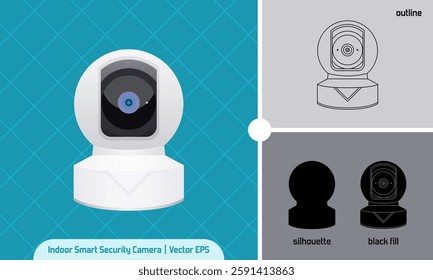 Indoor Smart Security Camera for home with spherical shape, vector illustration in 4 variation flat icon style, realistic, outline, black fill, and silhouette. Graphic element for education or busines