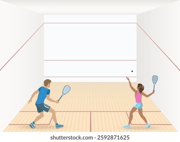 Indoor sport with ball, racket and playable surfaces of walls of the court. Woman and Man playing Squash Rackets. Players alternate in striking ball with rackets onto the playable surfaces of court. 