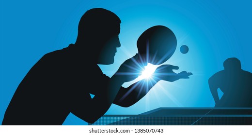 Indoor sports concept with two opponents competing in a table tennis game. The one in the foreground is serving for the win of the match.