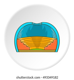 Indoor stadium icon in cartoon style isolated on white circle background. Sports facility symbol vector illustration