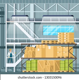 Indoor Storage Full of Goods, Freight on Shelf. Warehouse Interior with Tank, Wooden Pallet and Package. Factory Character in Uniform and Hard Hat Staying on Stairs. Cartoon Vector Illustration