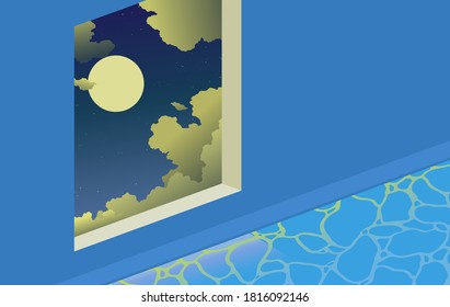 Indoor Swimming Pool And Night Sky Cosmic View, Fresh Pool Space Summer Vibe Flat Illustration, Isometric Style