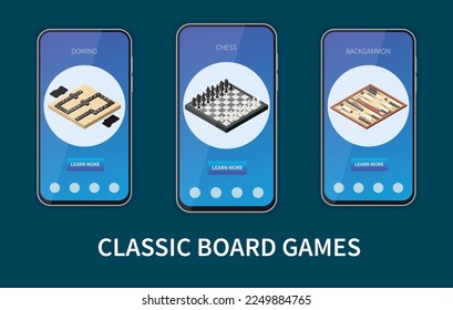 Indoor and table gaming isometric set with classic board game mobile application templates isolated vector illustration