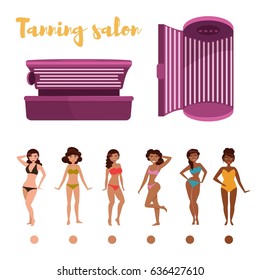 Indoor tanning. Stages of tan. Isolated art on white background. Vector. Cartoon. Flat.