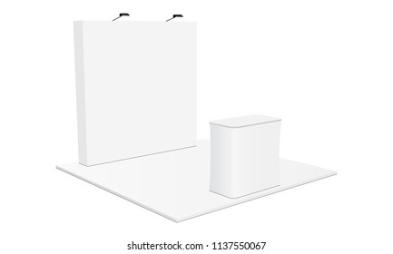 Indoor trade show booth equipment - back wall banner stand and demonstration table. Vector illustration