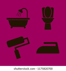 indoor vector icons set. with bathroom shower, iron, toilet and paint roller in set