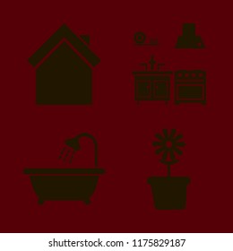 indoor vector icons set. with flower pot, kitchen, home and bathroom shower in set