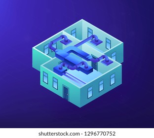 Indoor ventilation system pipes in the apartment. Ventilation system, energy recovery ventilation, airing system cleaning concept. Ultraviolet neon vector isometric 3D illustration.