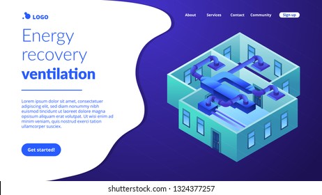 Indoor ventilation system pipes in the apartment  Ventilation system  energy recovery ventilation  airing system cleaning concept  Isometric 3D website app landing web page template