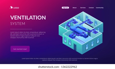 Indoor ventilation system pipes in the apartment. Ventilation system, energy recovery ventilation, airing system cleaning concept. Isometric 3D website app landing web page template