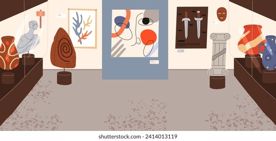 Indoor view at museum. Vector sign for art gallery exhibition with mask and antique greek column, vase and sculpture. Paint collection. Artwork exposition hall. Modern culture exhibit. Architecture