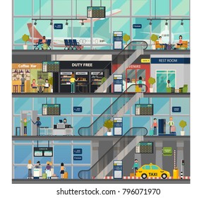 Indoor view on international airport rooms for services, floors with escalators. Duty free, check-in and terminal, gate and luggage area.Flying travel and flight, airplane and building theme