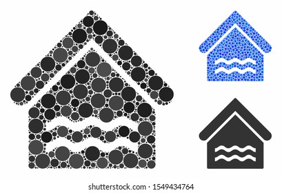 Indoor water pool composition of small circles in variable sizes and color tinges, based on indoor water pool icon. Vector small circles are composed into blue composition.