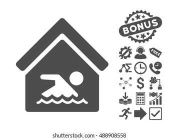 Indoor Water Pool icon with bonus pictogram. Vector illustration style is flat iconic symbols, gray color, white background.