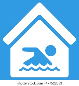 Indoor Water Pool icon. Vector style is flat iconic symbol, white color, blue background.