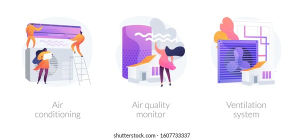 Indoor Weather And Climate Control Technology. Cooling And Heating Appliance. Air Conditioning, Air Quality Monitor, Ventilation System Metaphors. Vector Isolated Concept Metaphor Illustrations.