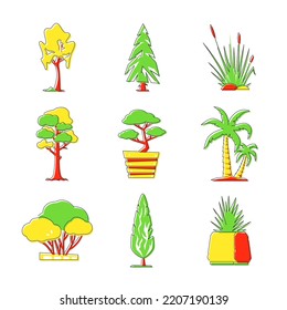 Indoor and wild plants - line design style objects set. High quality colorful images of green and yellow tropical palm, spruce and pine, swamp reed, potted bonsai, wild bush. Flora in all its glory