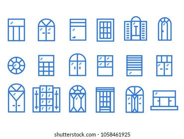 Indoor windows of various forms line art flat design. Classic front view decoration.