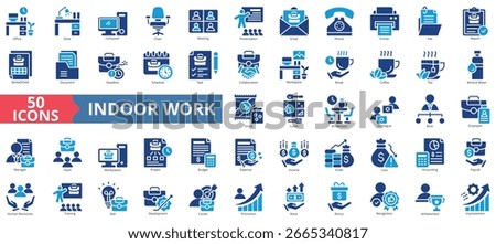 Indoor work icon set flat style collection. Contain office, desk, computer, chair, meeting, presentation, email, printer, file, report, document, deadline, schedule, task, collaboration, workplace