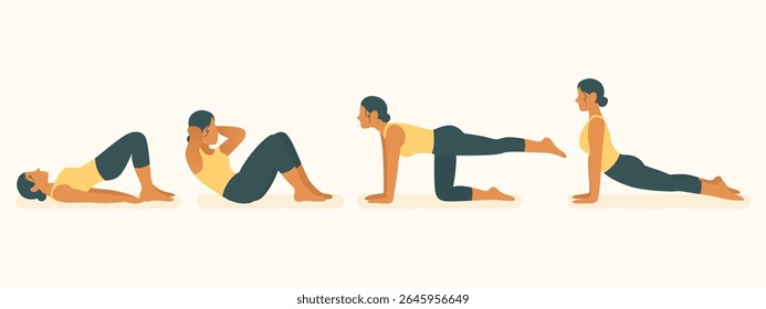 Ícone de treino interno. Fêmea realizando ponte glute, crepúsculos, cão-pássaro e posições de cobra. Envolve núcleo, flexibilidade, mobilidade espinhal e poder abdominal.