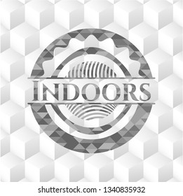 Indoors grey badge with geometric cube white background