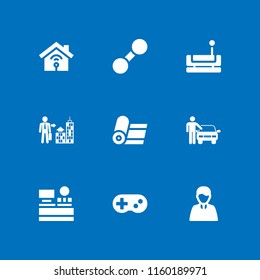 indoors icon. 9 indoors set with gym, cashier, gamepad console and businessman vector icons for web and mobile app
