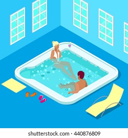 Indoors Jacuzzi with Woman and Man. Isometric People. Vector illustration