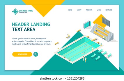 Indoors Swimming Pool Landing Web Page Template Isometric View for Healthy Leisure, Training, Fitness and Recreation. Vector illustration