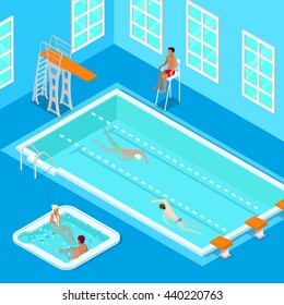 Indoors Swimming Pool with Swimmers, Lifesaver and Jacuzzi. Isometric People. Vector illustration