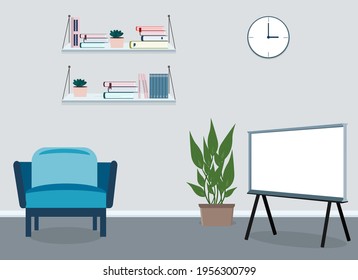 Indoors there is a presentation board for a business meeting next to an armchair and a potted plant. Vector drawing