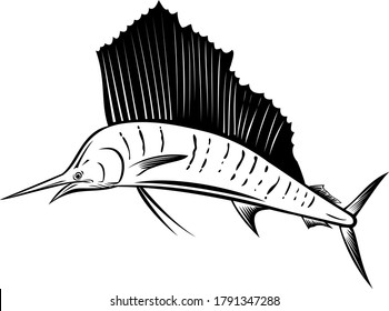 Indo-Pacific Sailfish or Billfish Jumping Up Side Retro Woodcut Black and White