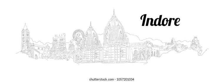 Indore city hand drawing panoramic sketching style illustration