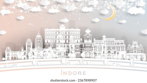 Indore India City Skyline in Paper Cut Style with White Buildings, Moon and Neon Garland. Vector Illustration. Travel and Tourism Concept. Indore Cityscape with Landmarks.