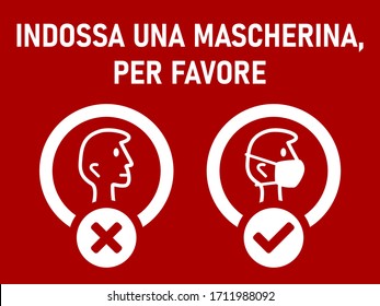 Indossa Una Mascherina, Per Favore ("Please Wear a Face Mask" in Italian) Instruction Icon against the Spread of the Novel Coronavirus Covid-19. Vector Image.